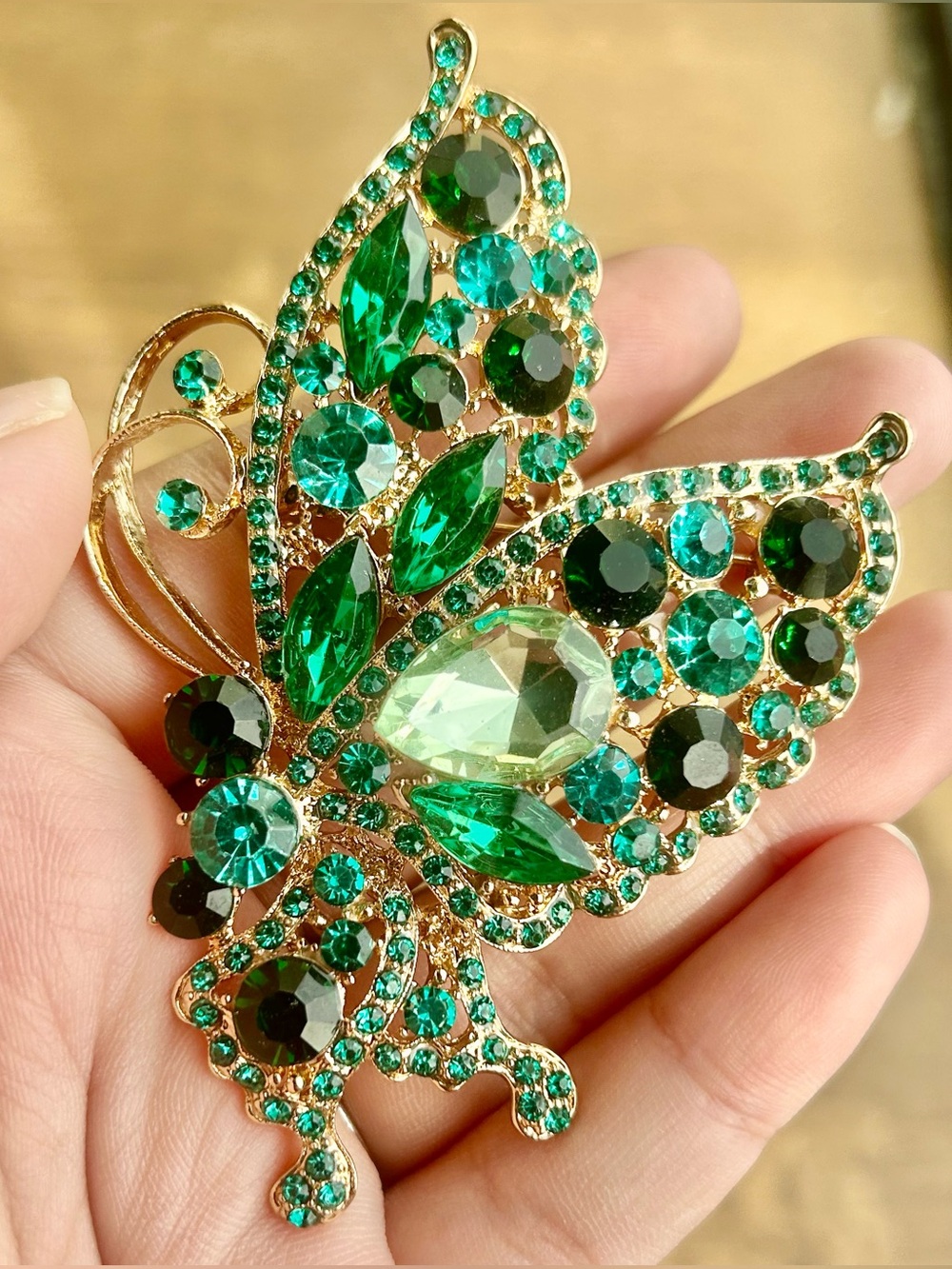 Vintage-Inspired Gold-Tone Green Rhinestone Butterfly Brooch